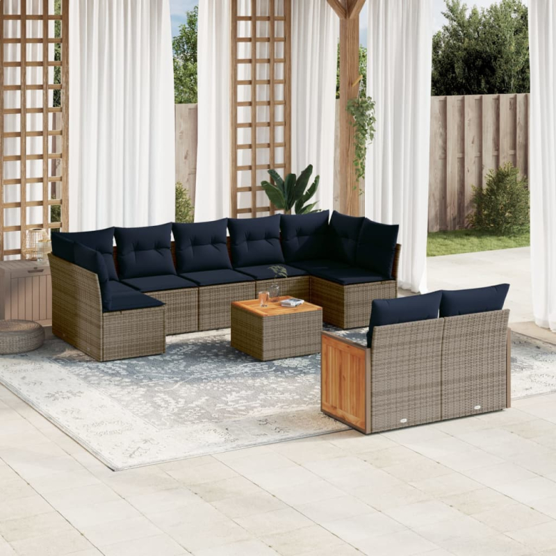 10-tlg. Garten-Sofagarnitur mit Kissen Grau Poly Rattan