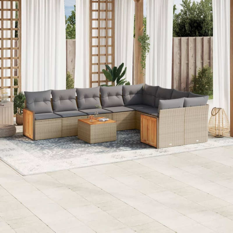 10-tlg. Garten-Sofagarnitur mit Kissen Beige Poly Rattan