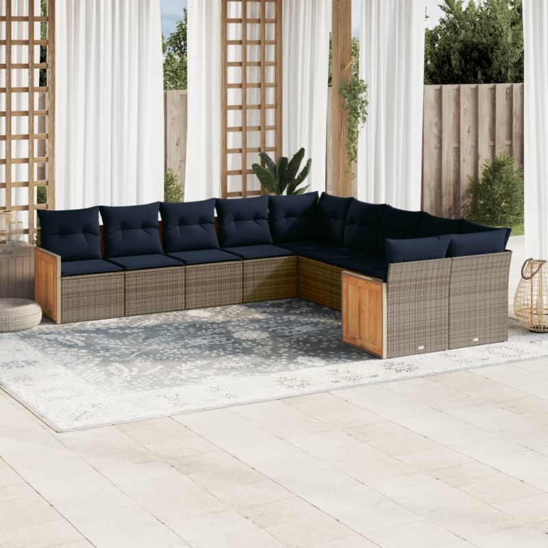 10-tlg. Garten-Sofagarnitur mit Kissen Grau Poly Rattan