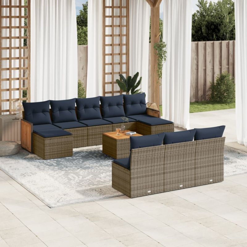 11-tlg. Garten-Sofagarnitur mit Kissen Grau Poly Rattan