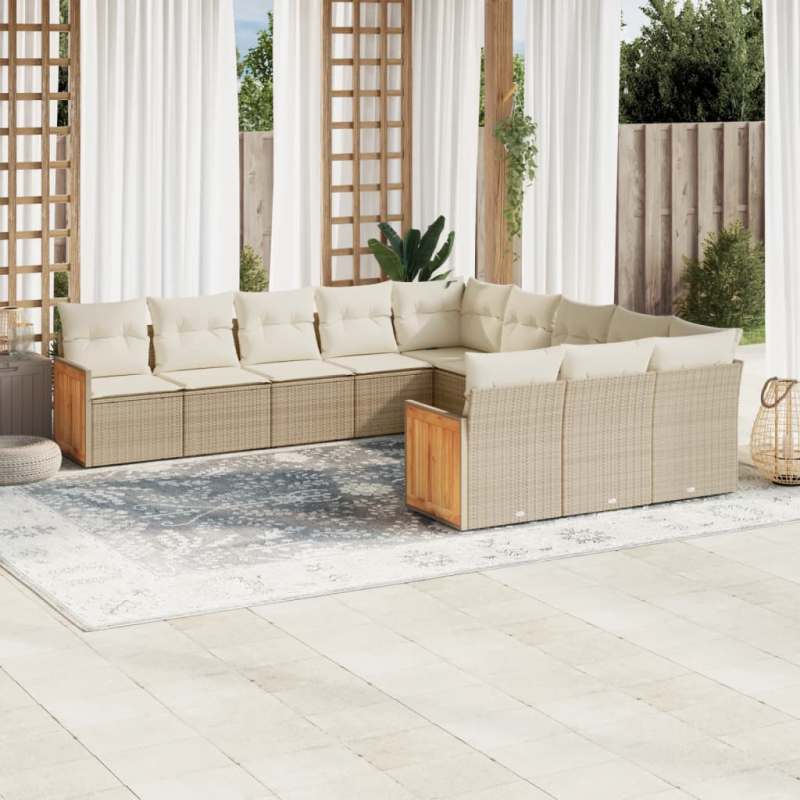 11-tlg. Garten-Sofagarnitur mit Kissen Beige Poly Rattan