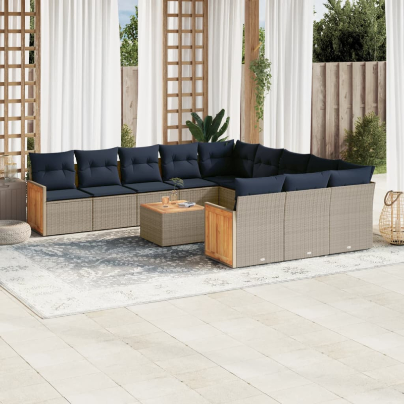 12-tlg. Garten-Sofagarnitur mit Kissen Grau Poly Rattan