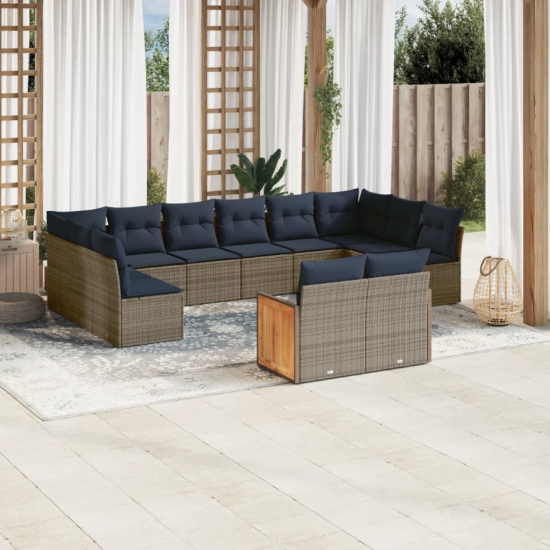 12-tlg. Garten-Sofagarnitur mit Kissen Grau Poly Rattan