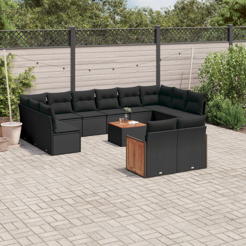 13-tlg. Garten-Sofagarnitur mit Kissen Schwarz Poly Rattan