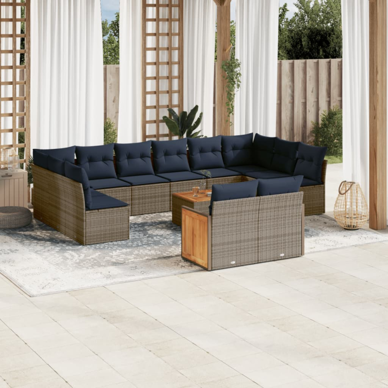 13-tlg. Garten-Sofagarnitur mit Kissen Grau Poly Rattan