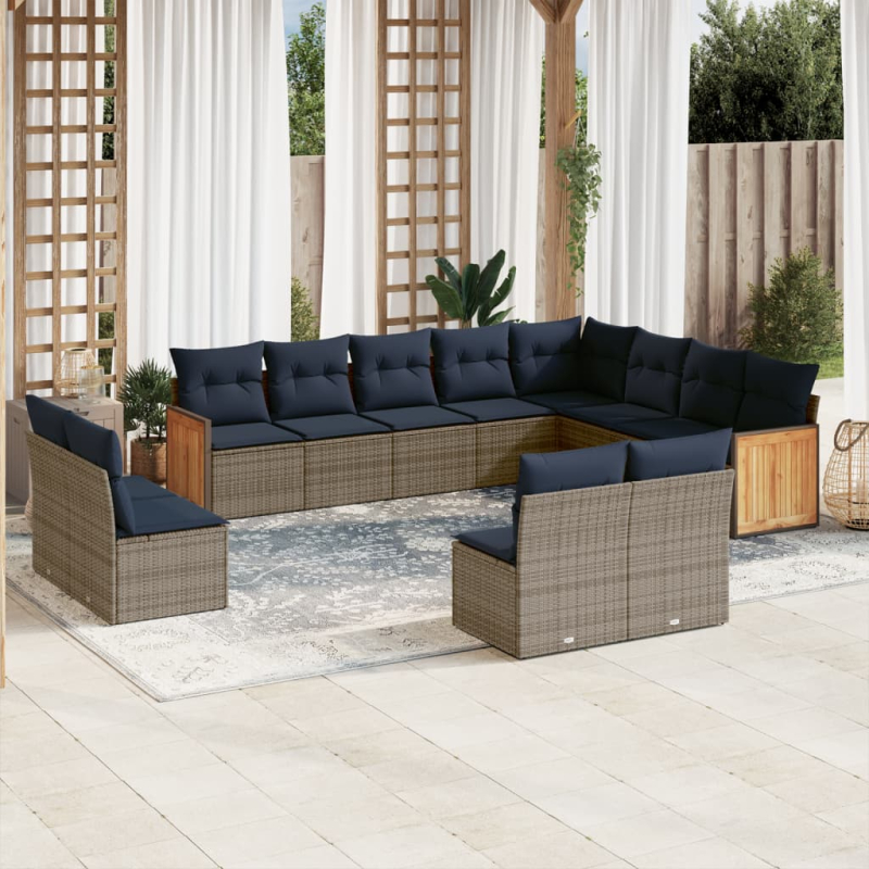 12-tlg. Garten-Sofagarnitur mit Kissen Grau Poly Rattan