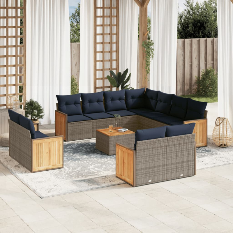 12-tlg. Garten-Sofagarnitur mit Kissen Grau Poly Rattan