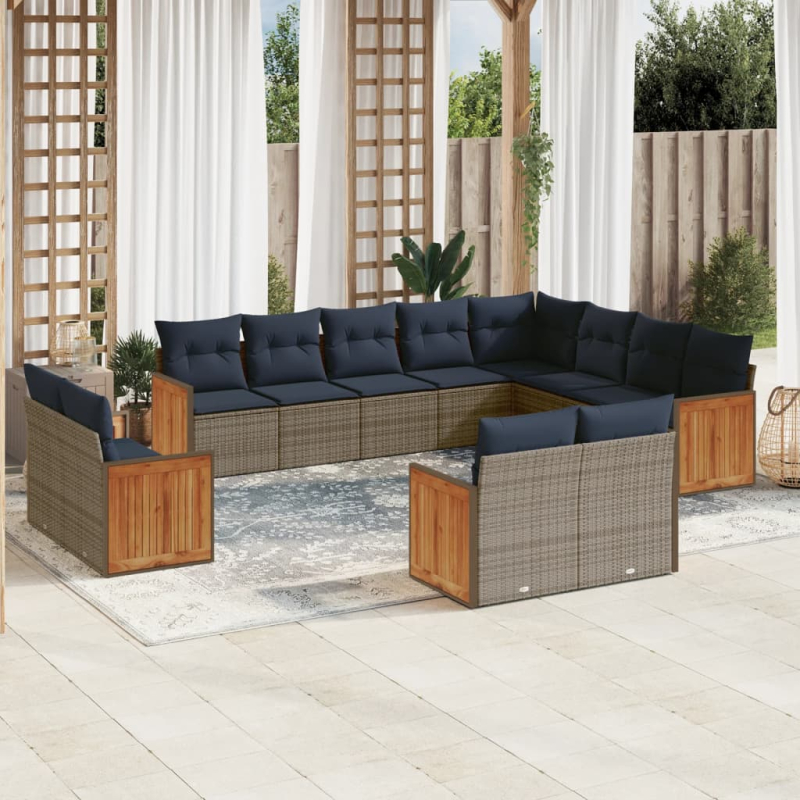 12-tlg. Garten-Sofagarnitur mit Kissen Grau Poly Rattan