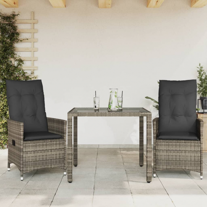 3-tlg. Bistro-Set mit Kissen Grau Poly Rattan