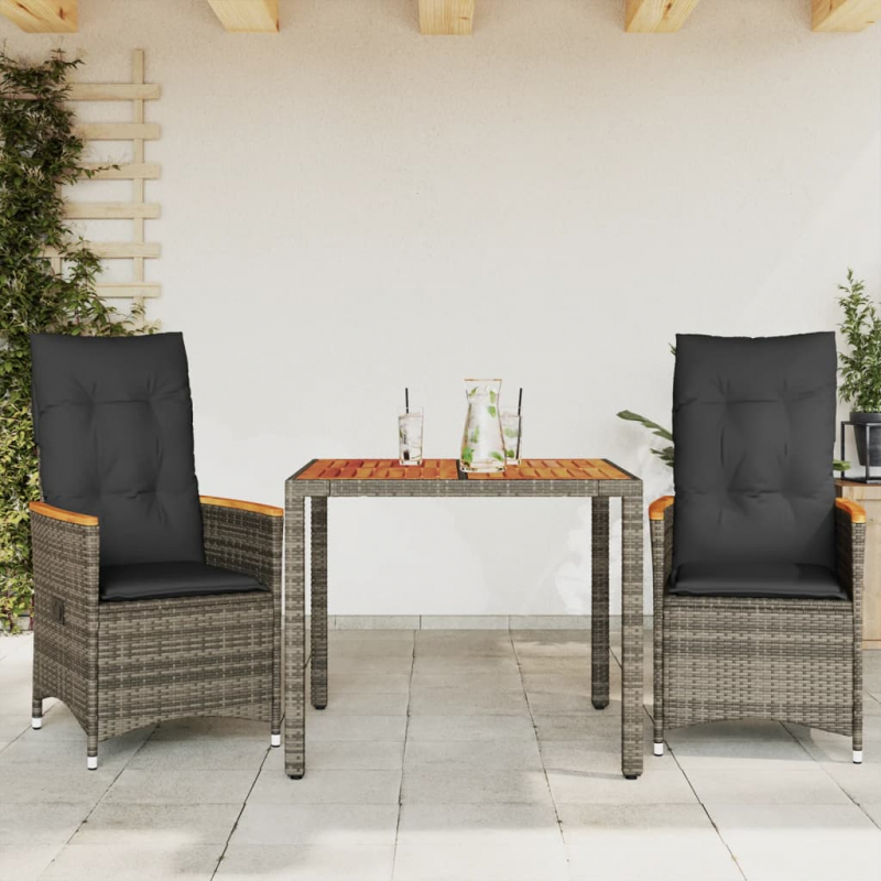 3-tlg. Bistro-Set mit Kissen Grau Poly Rattan