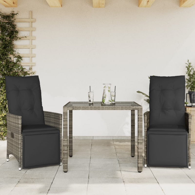 3-tlg. Garten-Bistro-Set mit Kissen Grau Poly Rattan