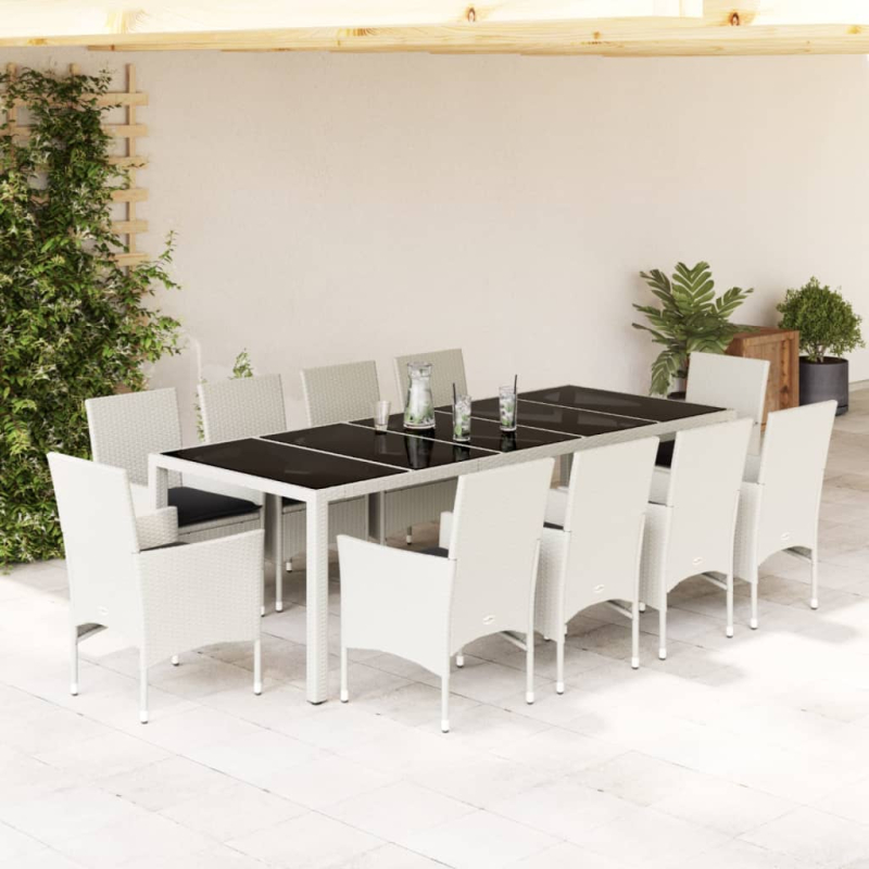 11-tlg. Garten-Essgruppe mit Kissen Weiß Poly Rattan und Glas