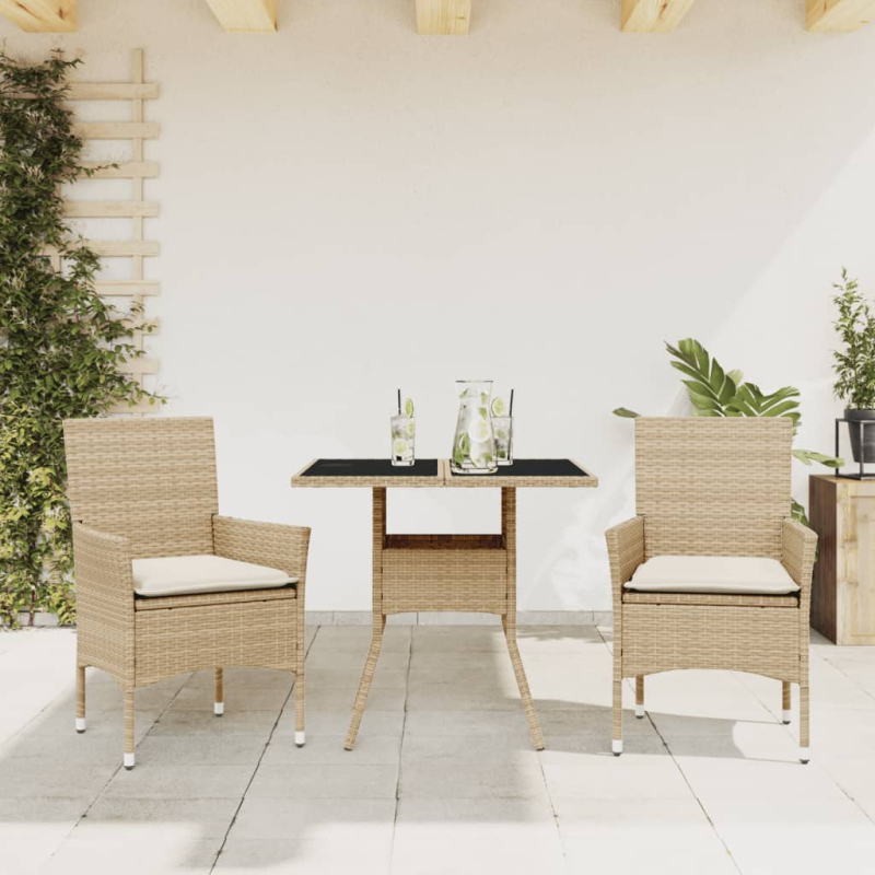 3-tlg. Garten-Essgruppe mit Kissen Beige Poly Rattan und Glas