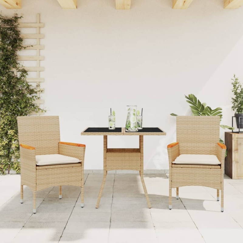 3-tlg. Garten-Essgruppe mit Kissen Beige Poly Rattan und Glas