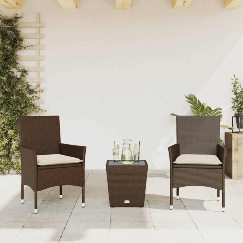 3-tlg. Bistro-Set mit Kissen Braun Poly Rattan und Glas