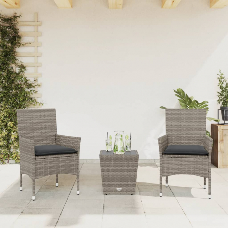 3-tlg. Bistro-Set mit Kissen Grau Poly Rattan und Glas