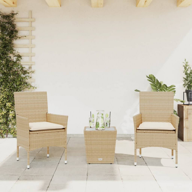 3-tlg. Bistro-Set mit Kissen Beige Poly Rattan und Glas