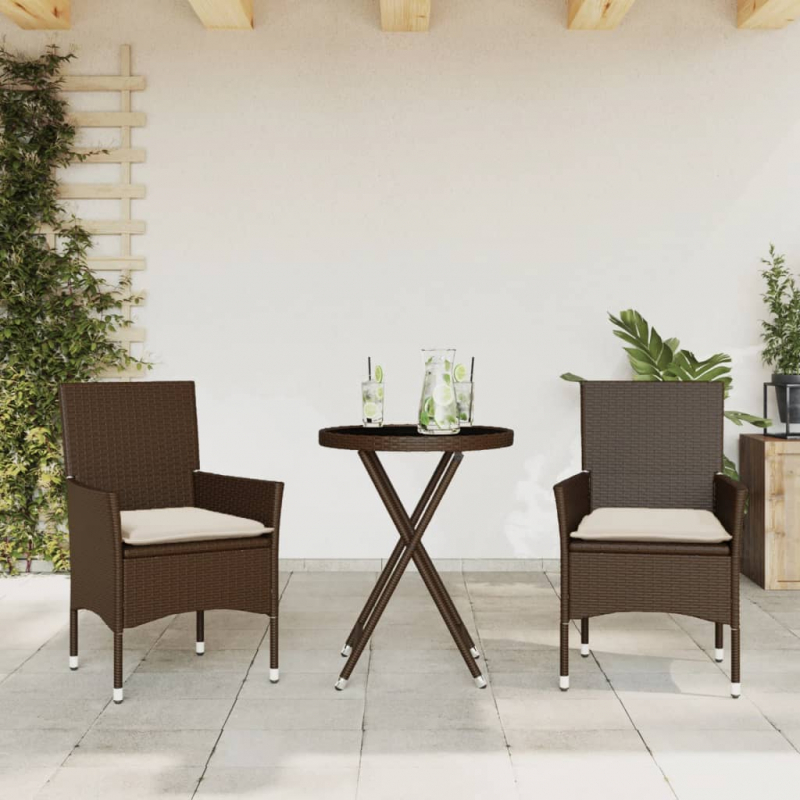 3-tlg. Bistro-Set mit Kissen Braun Poly Rattan und Glas