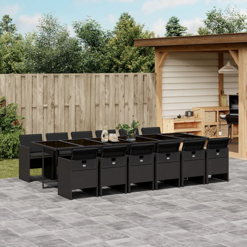 13-tlg. Garten-Essgruppe mit Kissen Schwarz Poly Rattan