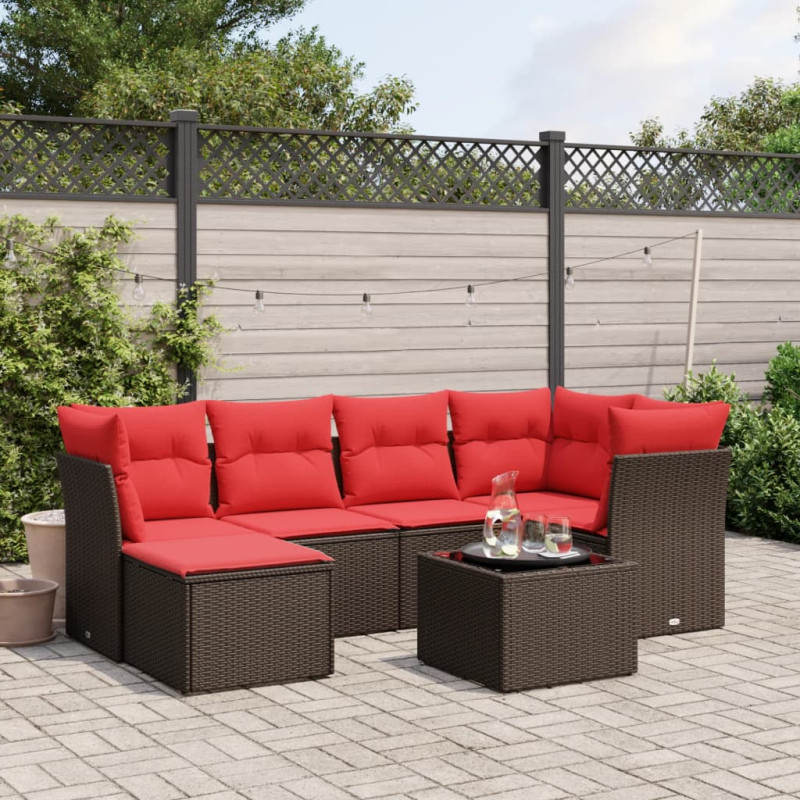 7-tlg. Garten-Sofagarnitur mit Kissen Braun Poly Rattan