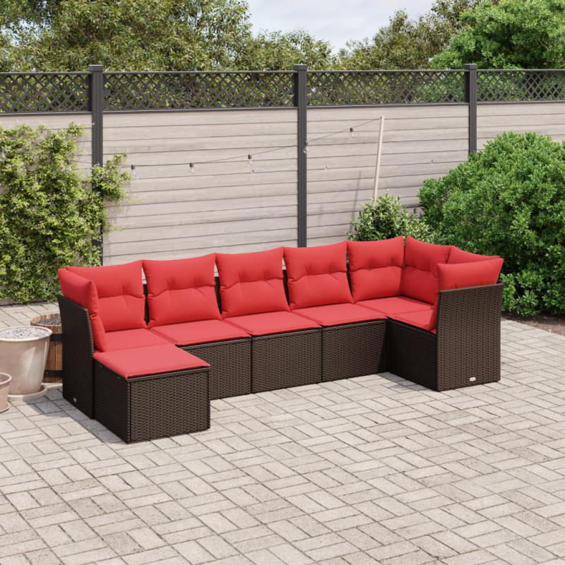 7-tlg. Garten-Sofagarnitur mit Kissen Braun Poly Rattan