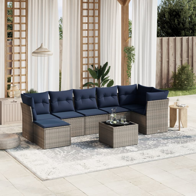8-tlg. Garten-Sofagarnitur mit Kissen Grau Poly Rattan