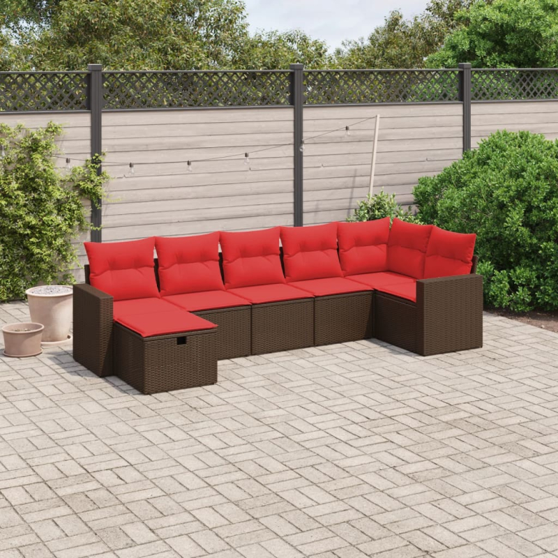 7-tlg. Garten-Sofagarnitur mit Kissen Braun Poly Rattan