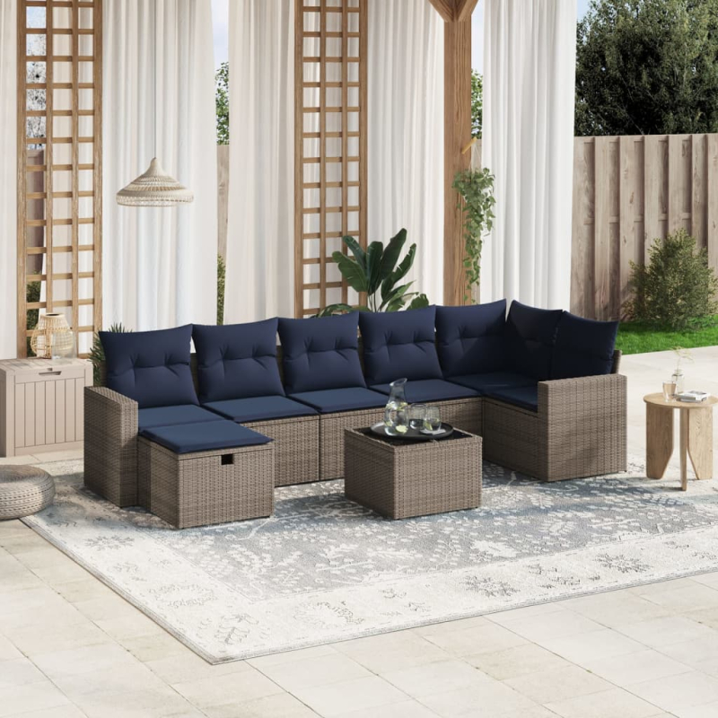 8-tlg. Garten-Sofagarnitur mit Kissen Grau Poly Rattan