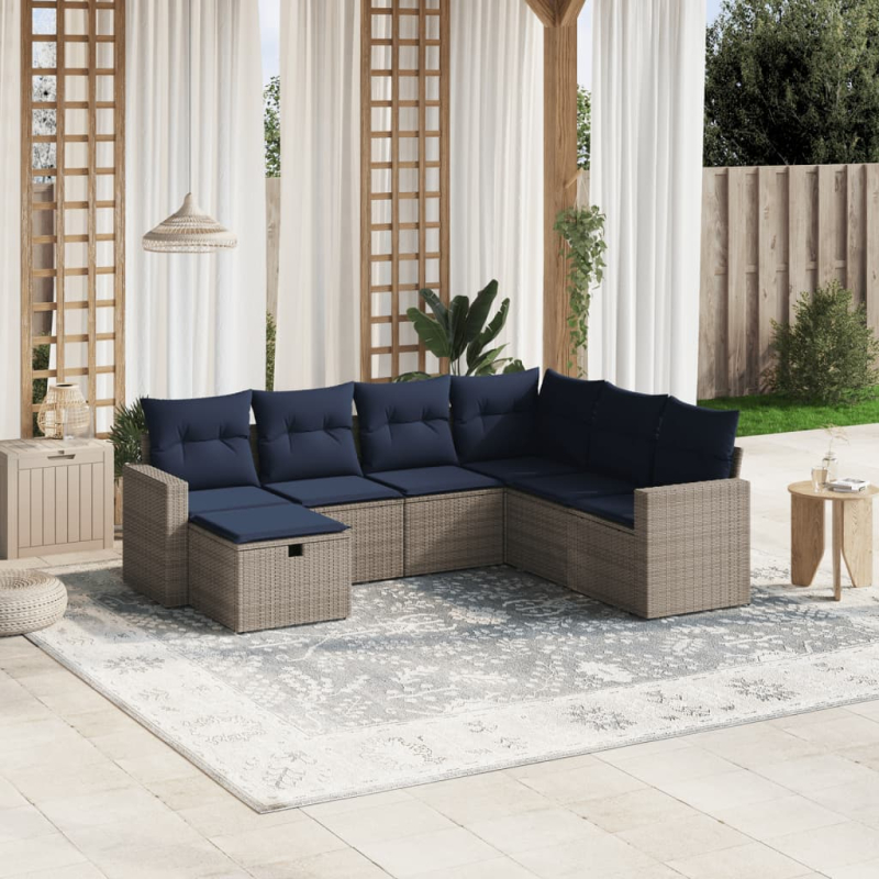 7-tlg. Garten-Sofagarnitur mit Kissen Grau Poly Rattan