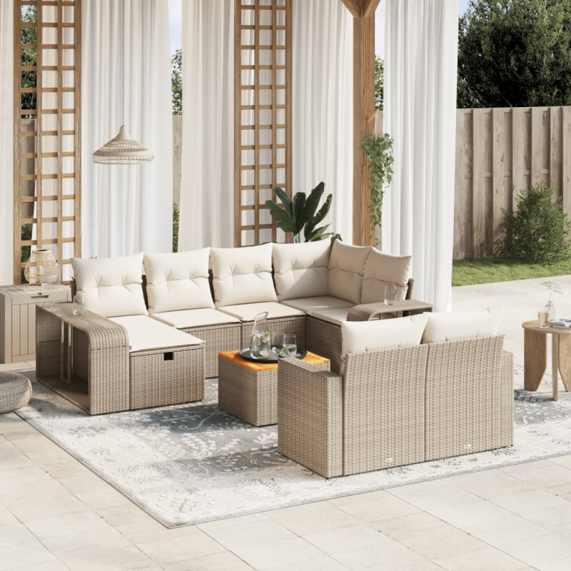 11-tlg. Garten-Sofagarnitur mit Kissen Beige Poly Rattan