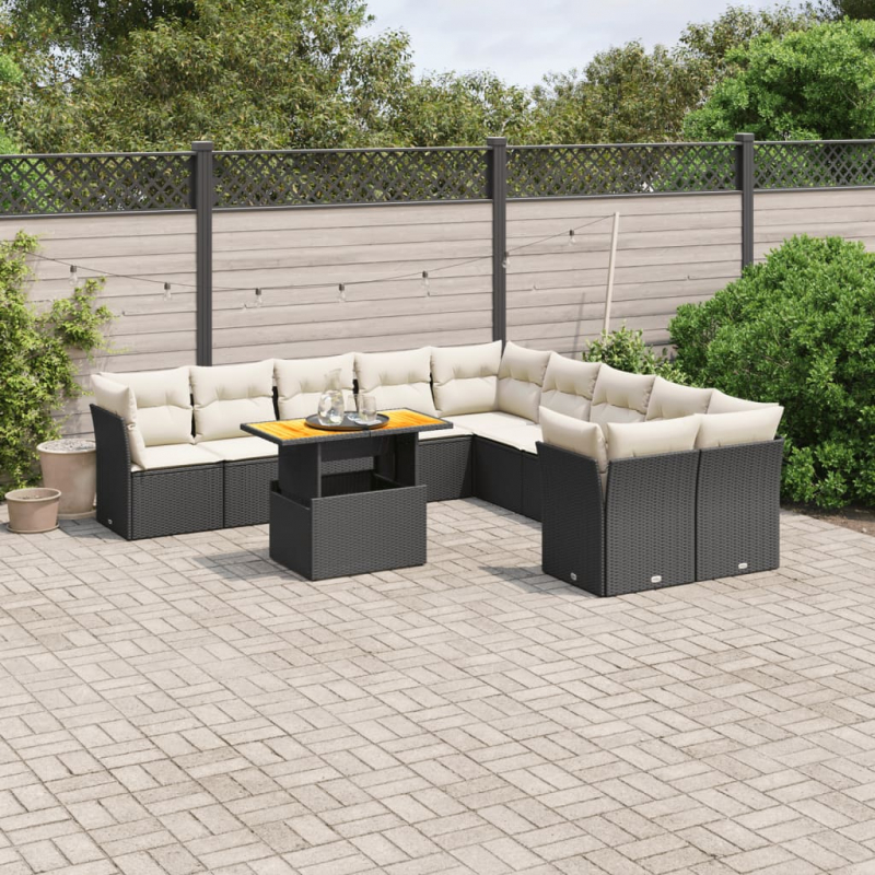 11-tlg. Garten-Sofagarnitur mit Kissen Schwarz Poly Rattan