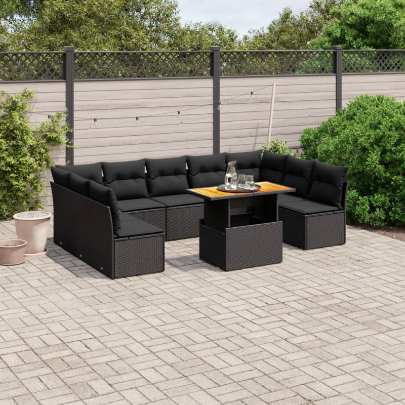 10-tlg. Garten-Sofagarnitur mit Kissen Schwarz Poly Rattan