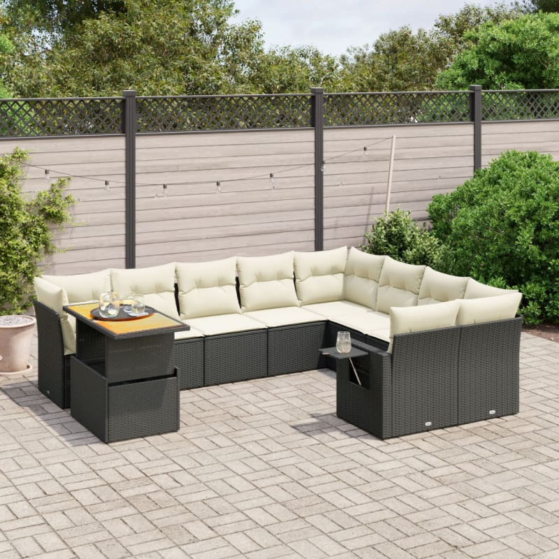 10-tlg. Garten-Sofagarnitur mit Kissen Schwarz Poly Rattan