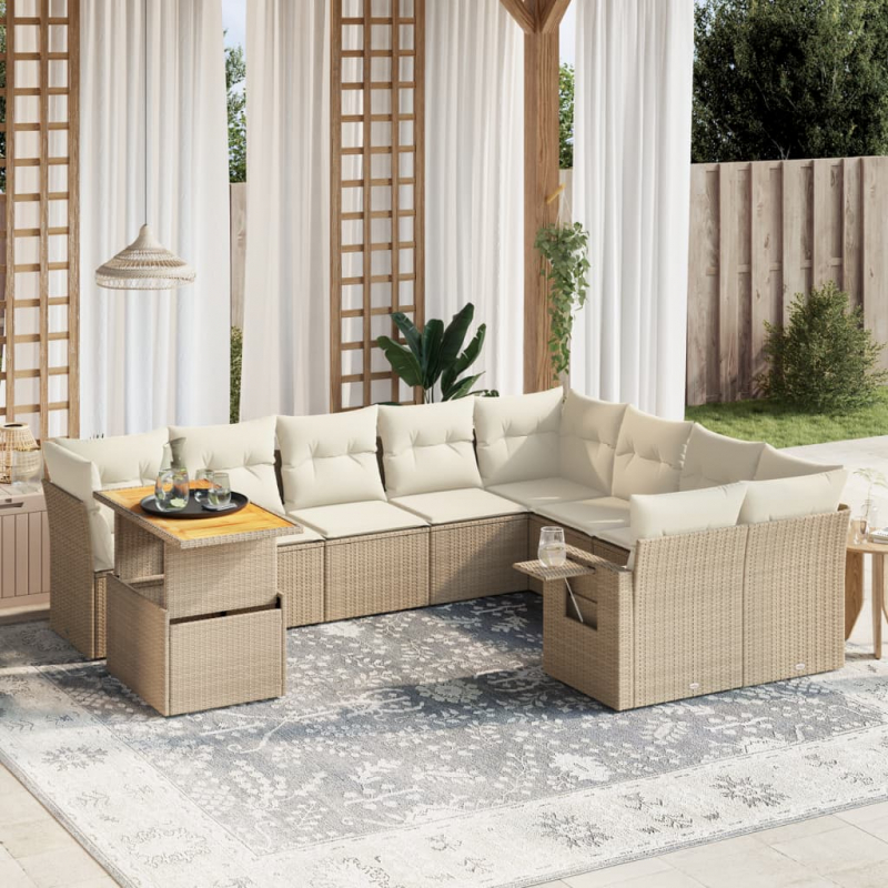 10-tlg. Garten-Sofagarnitur mit Kissen Beige Poly Rattan