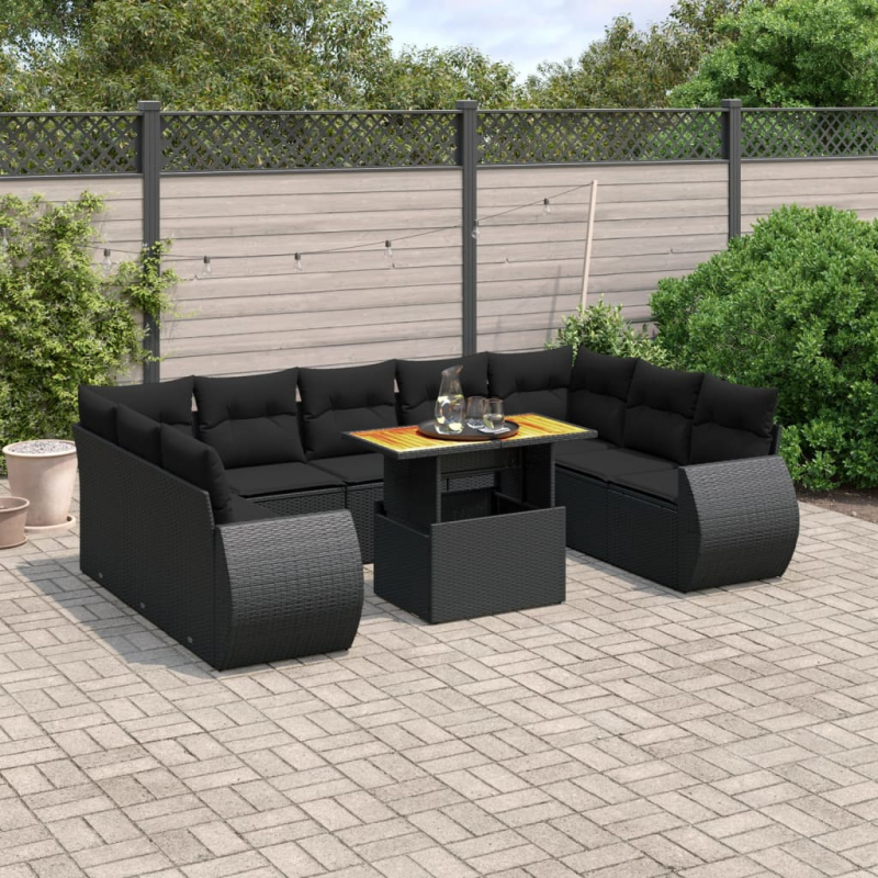 10-tlg. Garten-Sofagarnitur mit Kissen Schwarz Poly Rattan