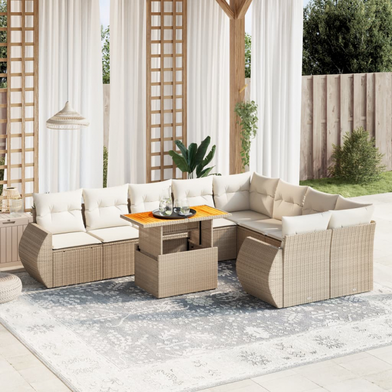 10-tlg. Garten-Sofagarnitur mit Kissen Beige Poly Rattan