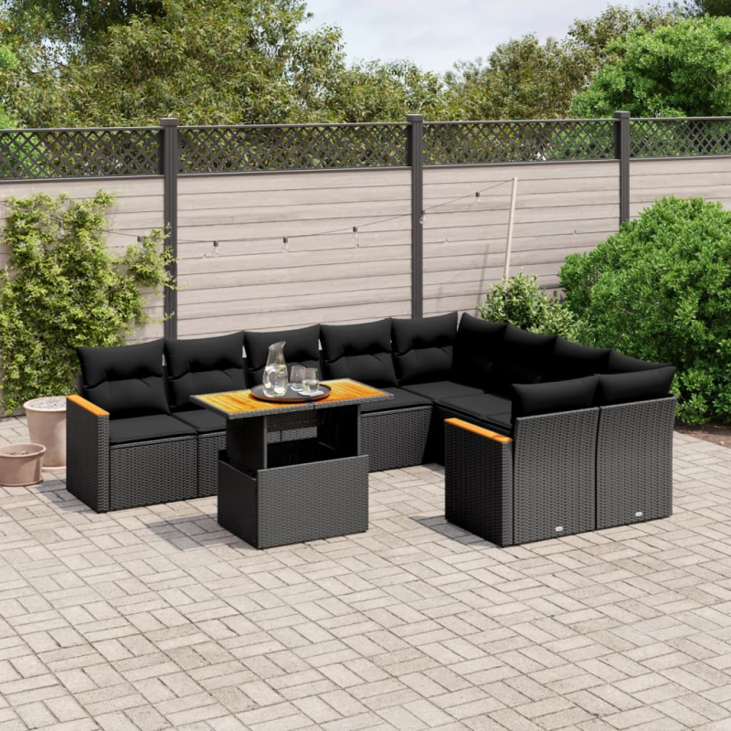 10-tlg. Garten-Sofagarnitur mit Kissen Schwarz Poly Rattan