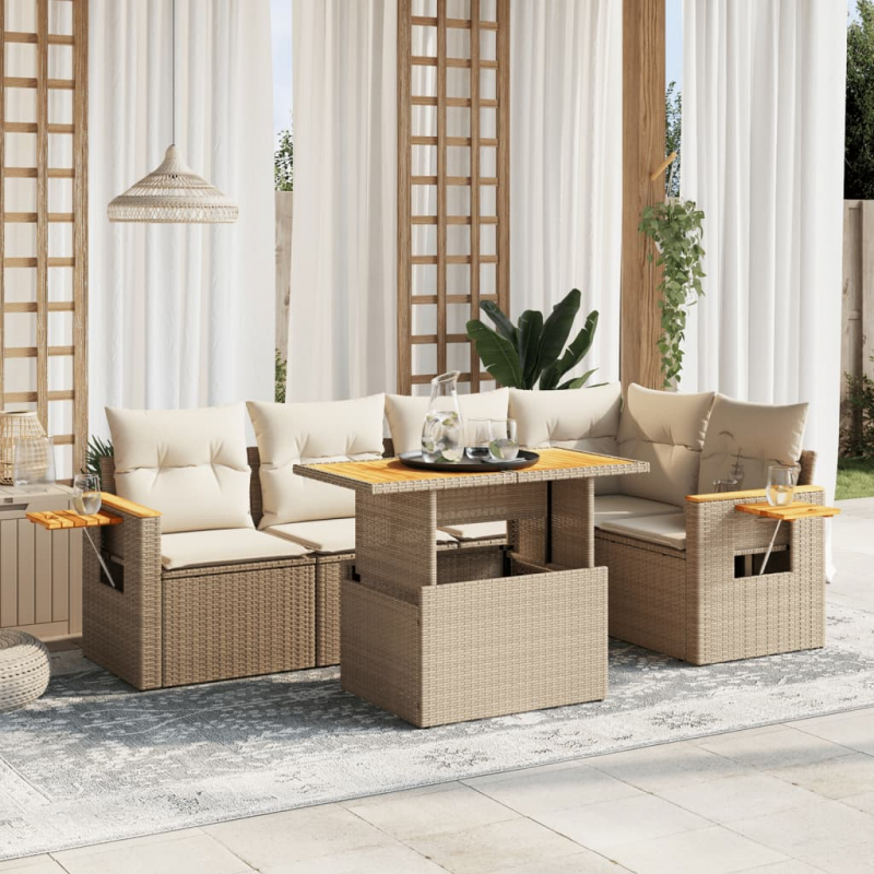 6-tlg. Garten-Sofagarnitur mit Kissen Beige Poly Rattan