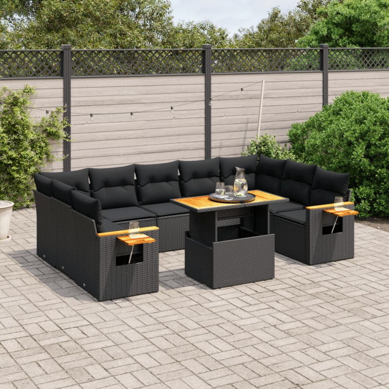 10-tlg. Garten-Sofagarnitur mit Kissen Schwarz Poly Rattan