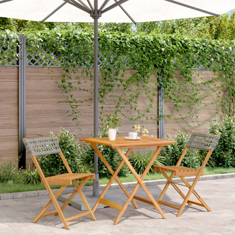 3-tlg. Bistro-Set Grau Poly Rattan und Massivholz