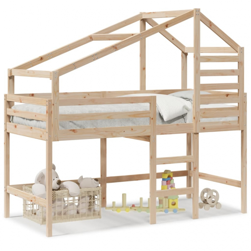 Hochbett mit Leiter und Dach 90x190 cm Massivholz Kiefer