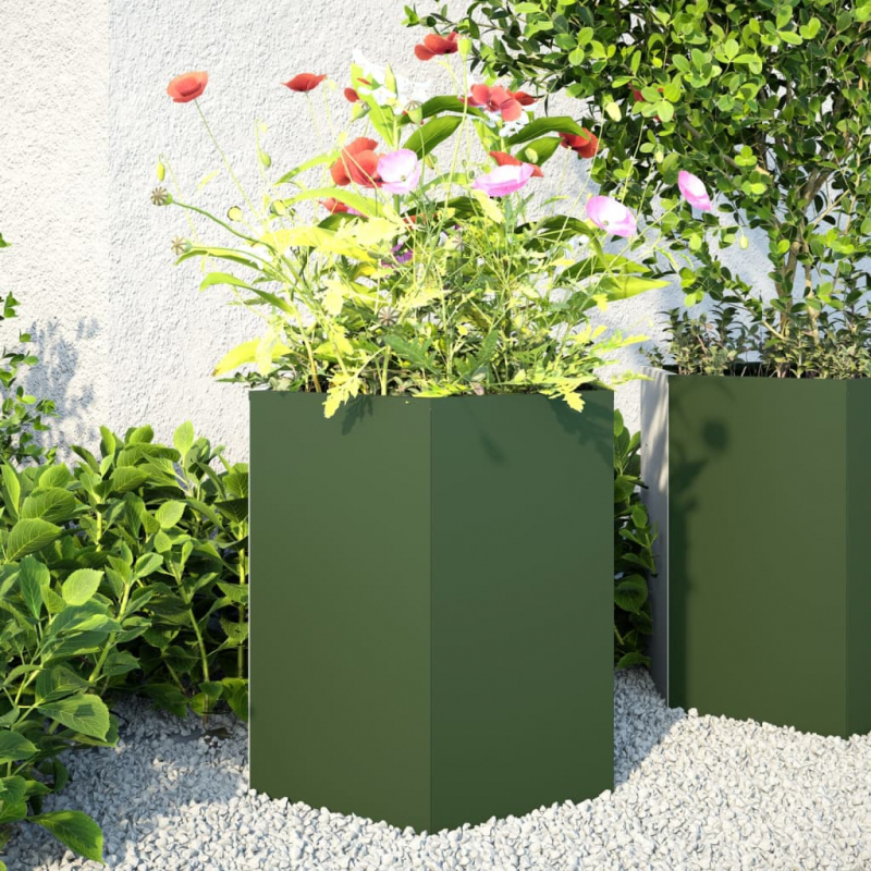 Garten-Pflanzgefäße 2 Stk.Olivgrün Sechseckig 46x40x45 cm Stahl