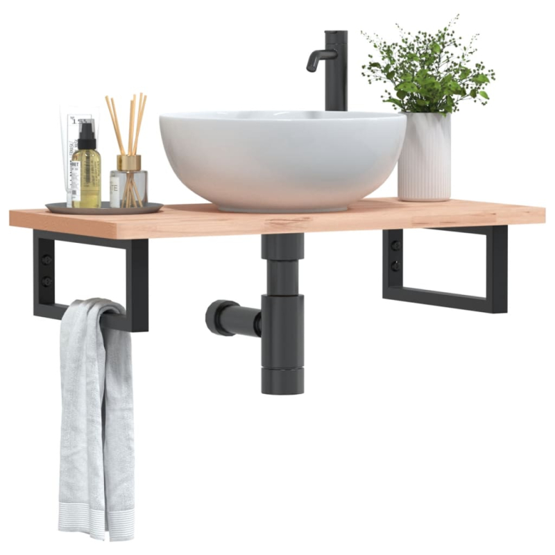 Waschbeckenregal Wandmontage Stahl und Massivholz Buche