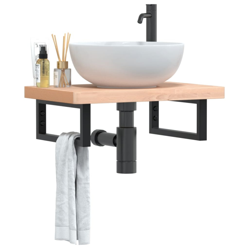 Waschbeckenregal Wandmontage Stahl und Massivholz Buche