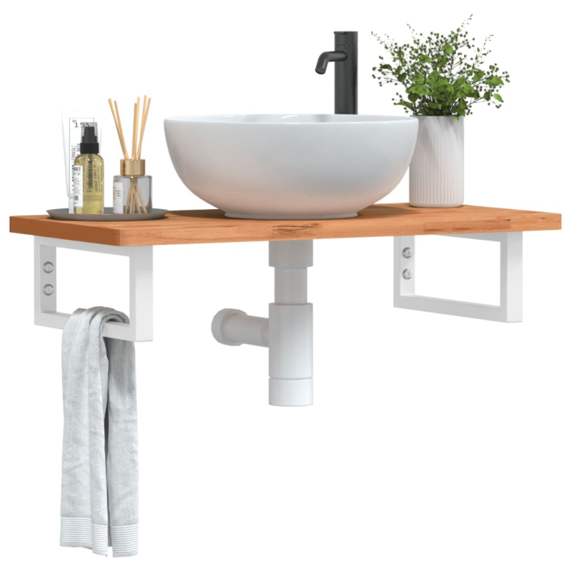 Waschbeckenregal Wandmontage Stahl und Massivholz Buche