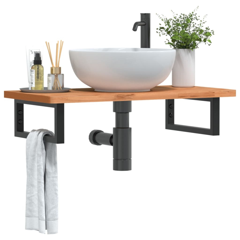 Waschbeckenregal Wandmontage Stahl und Massivholz Buche