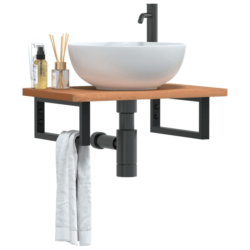 Waschbeckenregal Wandmontage Stahl und Massivholz Buche