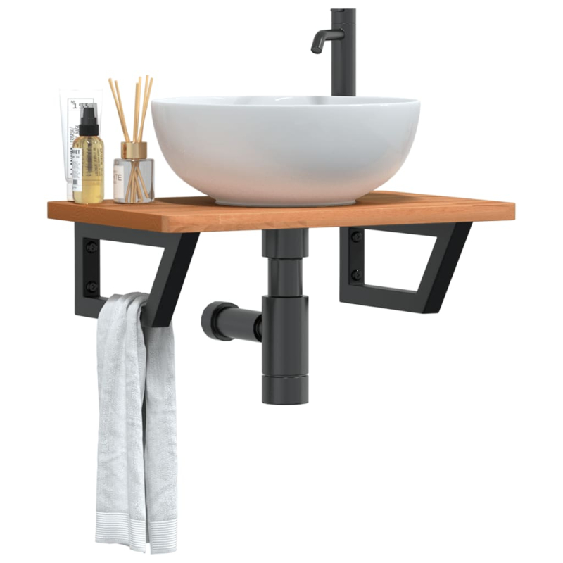 Waschbeckenregal Wandmontage Stahl und Massivholz Buche