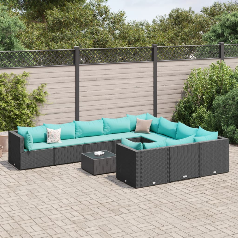 11-tlg. Garten-Sofagarnitur mit Kissen Schwarz Poly Rattan