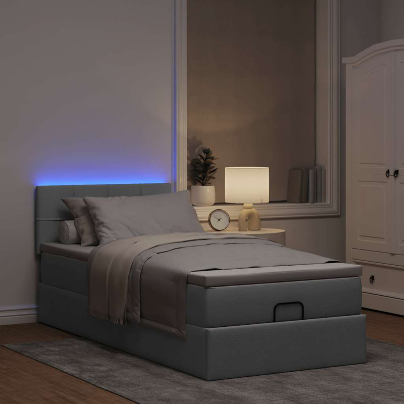Ottomane Bett mit Matratze & LEDs Hellgrau 80x200 cm Stoff